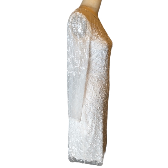 Adrianna Papell White Hand Beaded Long Sleeve Sheath Formal Dress Size 8 - Picture 3 of 16